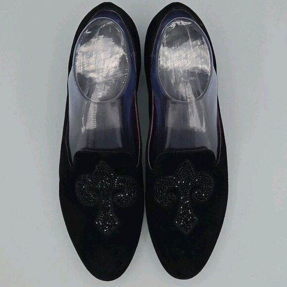 Stuart Weitzman Womens Sz 8 Narrow Lys Crystal Black Suede Fleur-de-lis - Picture 4 of 9